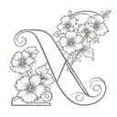 cursive letter V with violets and primroses  growing tattoo design idea