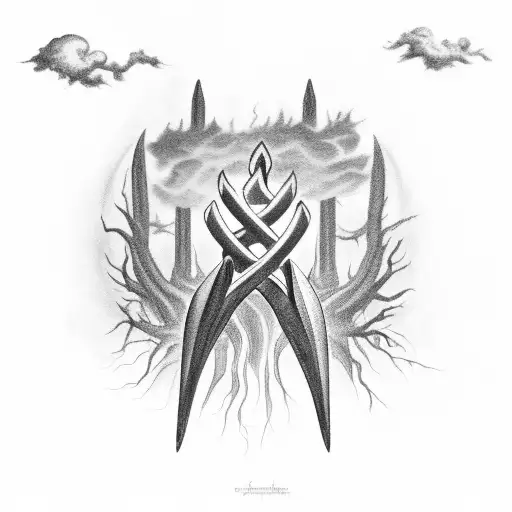 Trident with storm clouds above and hands coming out of ground tattoo design idea