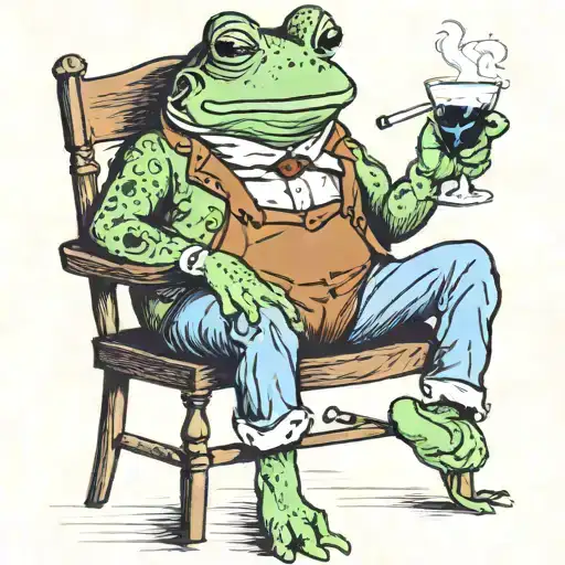 a frog sitting on a stool wearing blue shorts smoking a pipe and drinking coffee  tattoo design idea