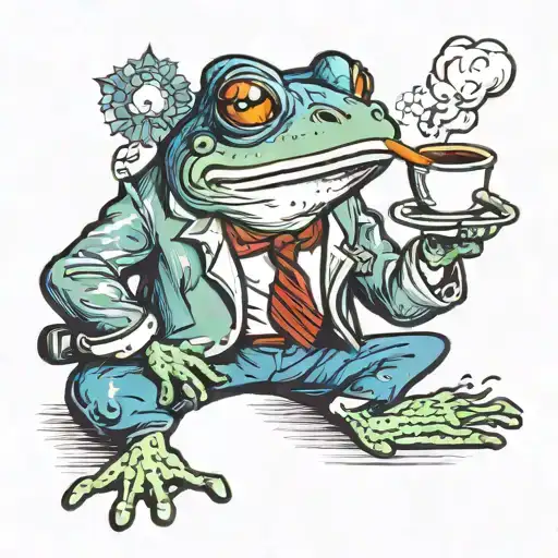 frog wearing blue shorts smoking a pipe and drinking coffee  tattoo design idea