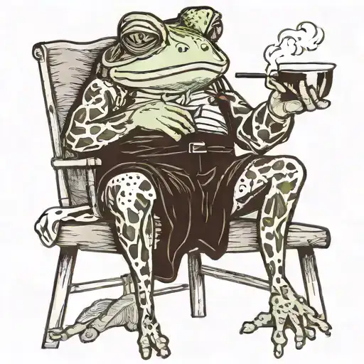 a frog sitting on a stool wearing blue shorts smoking a pipe and drinking coffee  tattoo design idea