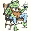a frog sitting on a stool wearing blue shorts smoking a pipe and drinking coffee  tattoo design idea