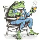 a frog sitting on a stool wearing blue shorts smoking a pipe and drinking coffee  tattoo design idea