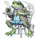 a frog sitting on a stool wearing blue shorts smoking a pipe and drinking coffee  tattoo design idea