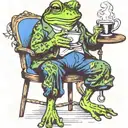 a frog sitting on a stool wearing blue shorts smoking a pipe and drinking coffee  tattoo design idea