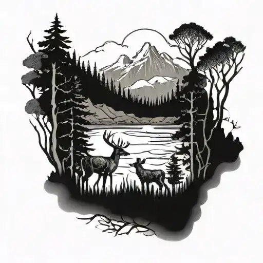 father and son fishing with deer in the woods and mountains and forest  tattoo design idea