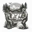 father and son fishing with deer in the woods and mountains and forest  tattoo design idea