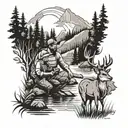 father and son fishing with deer in the woods and mountains and forest  tattoo design idea