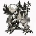 father and son fishing with deer in the woods and mountains and forest  tattoo design idea
