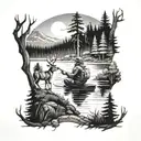 father and son fishing with deer in the woods and mountains and forest  tattoo design idea