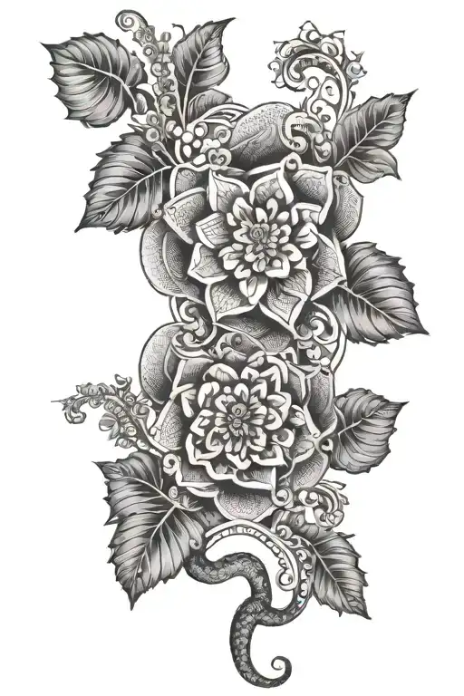 floral snake vine dot work mandela leg sleeve tattoo design idea