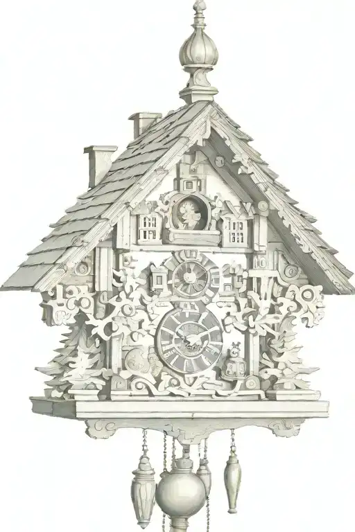 german cuckoo clock with edelweiss surrounding and a chimney roof with weights on the bottom and no birds.  tattoo design idea