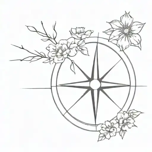 A minimalist outline of a compass with flowers in place of the cardinal directions, each flower representing a different country the client has visited tattoo design idea