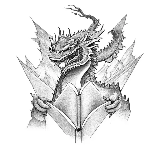 A serene scenery of a dragon perched on a mountain peak, reading a book tattoo design idea