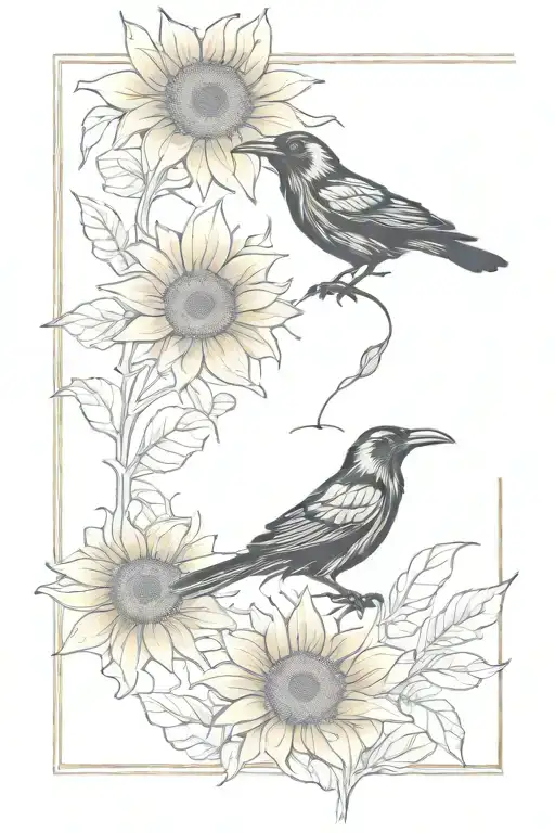 ravens and sunflowers and fireflies tattoo design idea