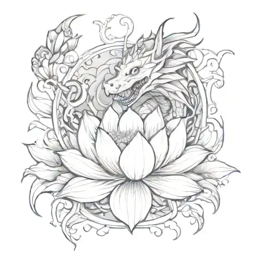 Combine a lotus flower with a dragon in a sketch style, capturing the essence of mystery and transformation tattoo design idea