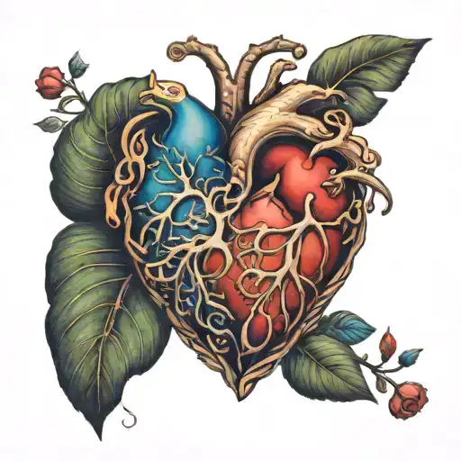 A surreal anatomical representation featuring a vibrant, intricately detailed heart nested at the center of a pair of lu tattoo design idea