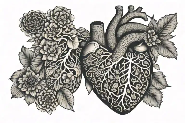 a vibrant, intricately detailed heart nested at the center of the lungs with flowers tattoo design idea