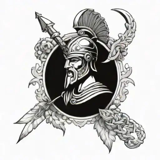 create a design that contains a Spartan, a Greek god, a Viking and surrounding them are thematic objects tattoo design idea