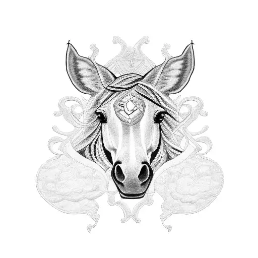 A blackwork tattoo of a horse named Zurana surrounded by a border of various sour candy wrappers tattoo design idea