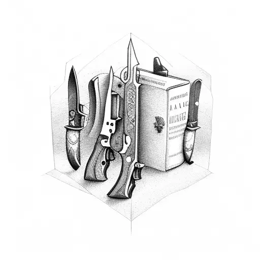 A bookshelf made of knives and guns tattoo design idea
