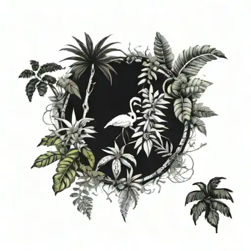A detailed botanical illustration of a lush tropical rainforest with various exotic plants and animals intertwined, symbolizing your love for nature tattoo design idea
