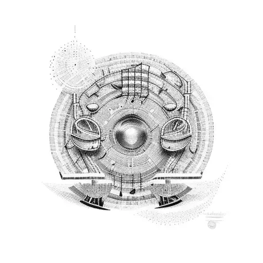 A composition of various musical instruments forming a vibrant mosaic tattoo design idea