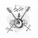 A guitar and drum set intertwined with musical notes tattoo design idea