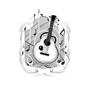 A guitar and drum set intertwined with musical notes tattoo design idea