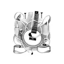 A guitar and drum set intertwined with musical notes tattoo design idea