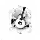 A guitar and drum set intertwined with musical notes tattoo design idea