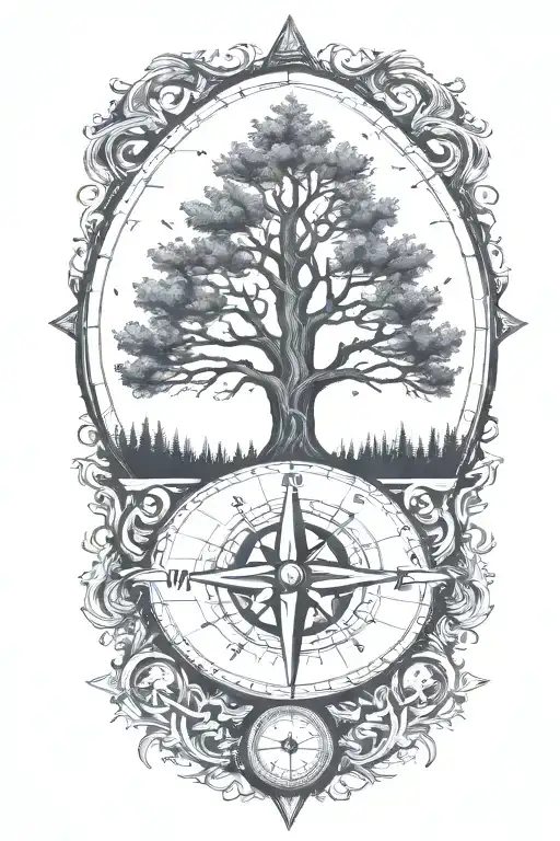 tree with triangles below and no leaves on the tree a compass in the center on the tree  tattoo design idea