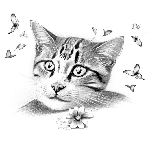 cat and butterfly near roses and forget me not flowers  tattoo design idea