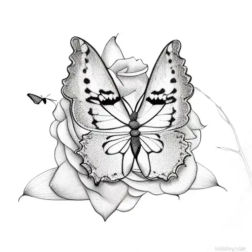 cat and butterfly near roses and forget me not flowers  tattoo design idea