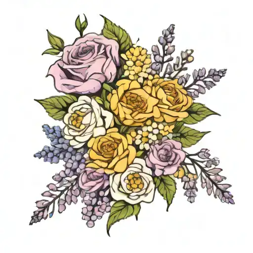 Chamomile flower, yellow roses, lilac flower, and lavender flower. tattoo design idea
