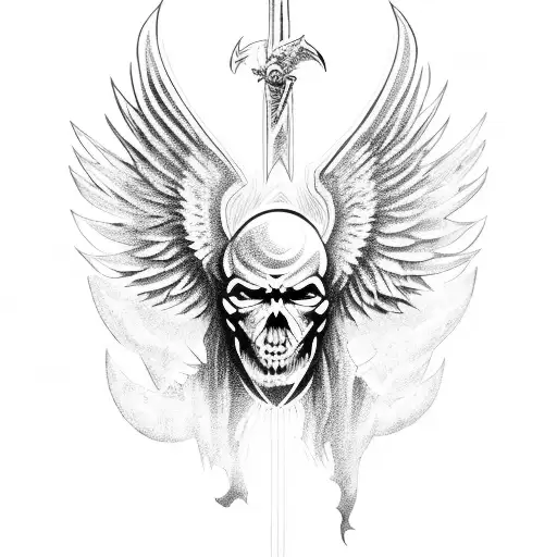 archangel michael killing lucifer with a war background tattoo design idea