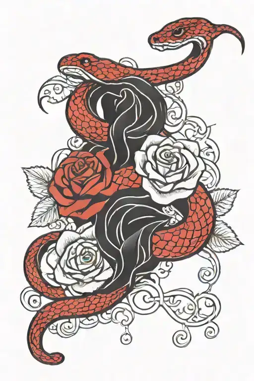 red snake wrapped around black long stemmed rose intertwined tattoo design idea