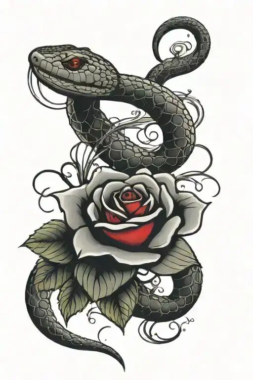 red snake wrapped around black long stem rose tattoo design idea