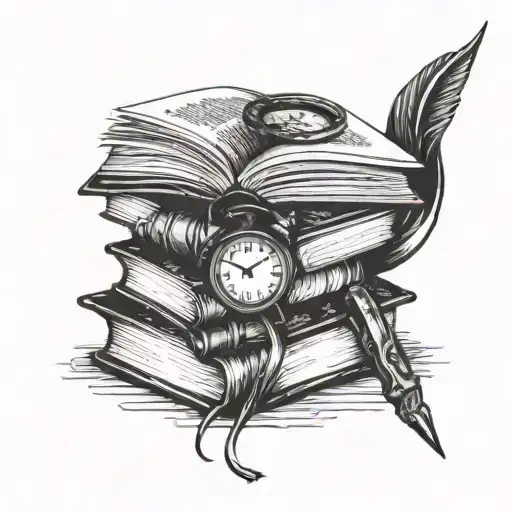 A stack of books with clock hands as bookmarks, symbolizing the value of time and knowledge tattoo design idea