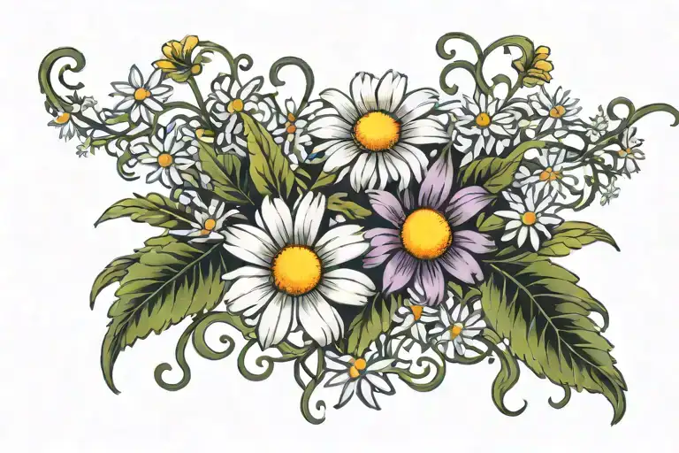daisy flower intertwined with vines and aster flower tattoo design idea