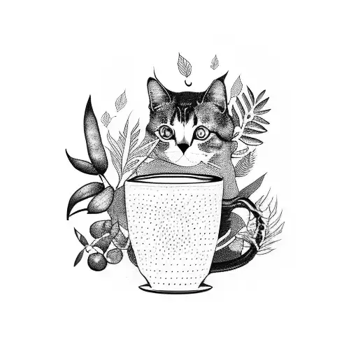 An abstract painting of a cat surrounded by coffee beans and plants tattoo design idea