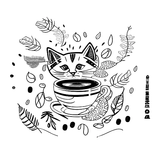 An abstract painting of a cat surrounded by coffee beans and plants tattoo design idea