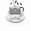 A coffee cup with intricate patterns made from coffee beans and art brushes tattoo design idea