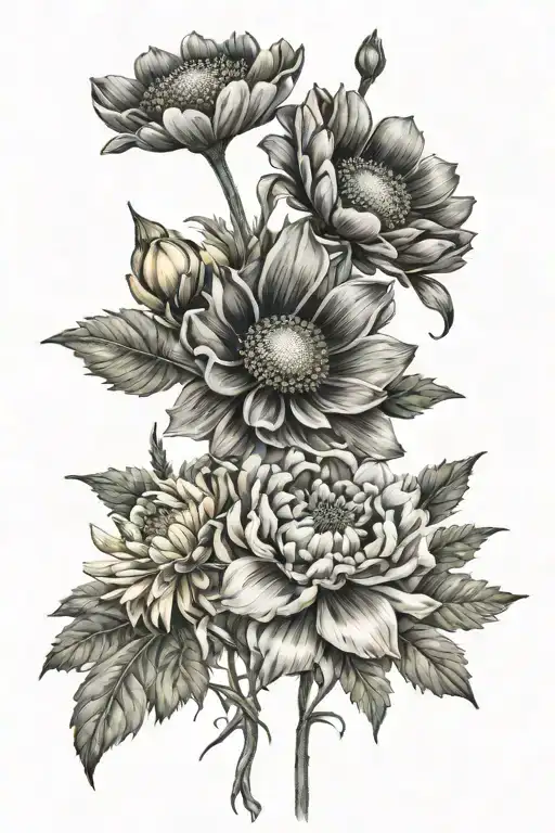 chrysanthemum poppy cosmos flower bouquet tattoo design idea