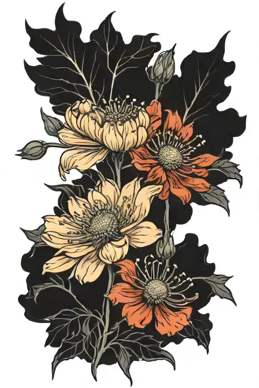 single chrysanthemum and poppy cosmos flower  tattoo design idea