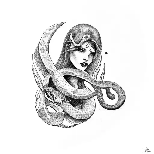 lilith with snake and moon tattoo design idea
