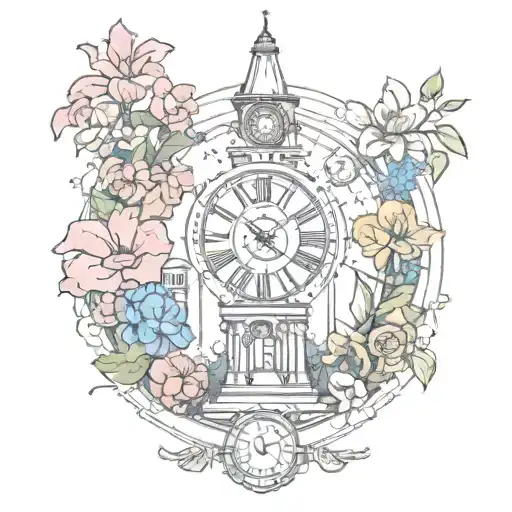 astral clock tower surrounded by flowers tattoo design idea