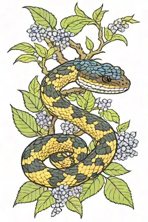 timber rattlesnake hiding in blueberry bush  tattoo design idea