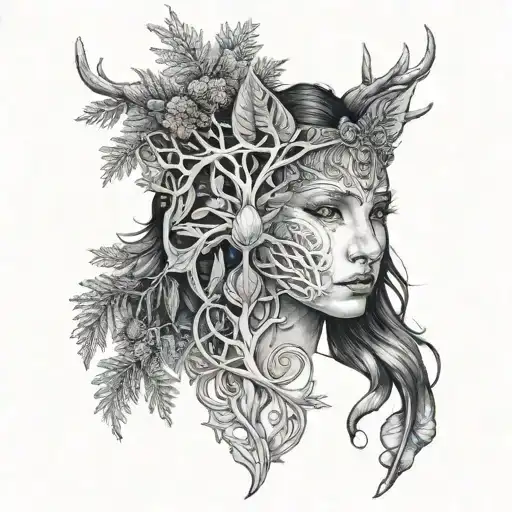 goddess Mara winter forest tattoo design idea