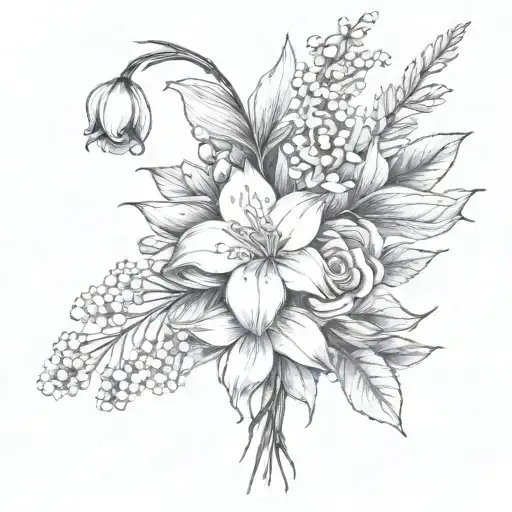 simple black and white bouquet, lily of the valley, rose, honeysuckle, and aster, thin outlines,   tattoo design idea